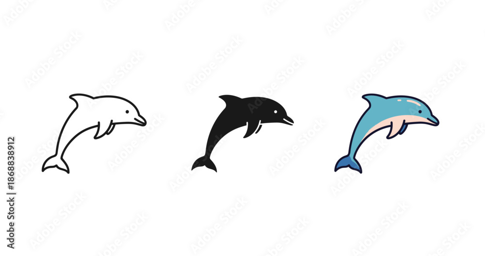 Fototapeta premium Evolution of dolphin design: outline, silhouette, and colorful versions