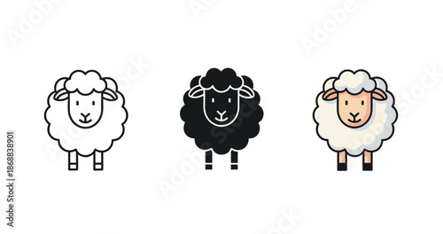Three cartoon sheep illustrations: black and white variations