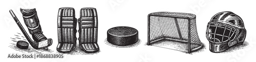 A vintage black and white woodcut illustration of various ice hockey equipment including a goal, puck, stick, goalie pads, and mask arranged on a white background.