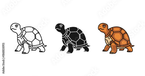 Colorful turtle illustrations: black, white, and orange designs aligned