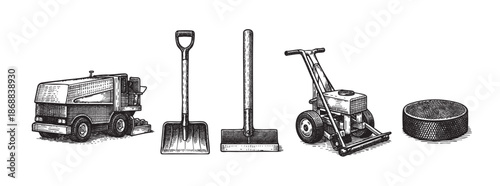 A vintage-style illustration in black and white features an ice resurfacer, shovel, broom, ice edger, and hockey puck arranged horizontally.
