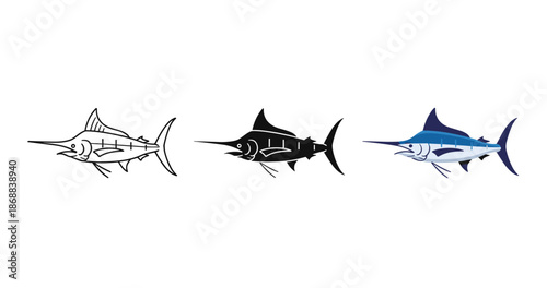 Stylized marlin symbols: outlined, silhouette, and colored designs