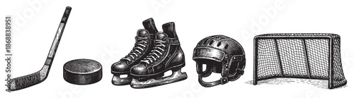 A black and white engraving-style illustration showcases a collection of ice hockey equipment, including a stick, puck, skates, helmet, and net, arranged against a white background.