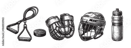 A black and white sketch showcases a collection of sports equipment including hockey gloves, helmet, puck, resistance band, and a water bottle.