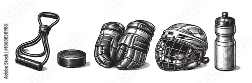 A black and white illustration of ice hockey equipment including gloves, helmet, puck, and a water bottle, perfect for sports and fitness concepts.