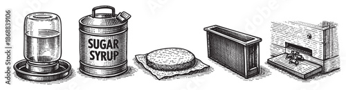 An antique-style illustration features beekeeping supplies, including a feeder, sugar syrup can, foundation, and hive body, suggesting a vintage aesthetic for agriculture and farming themes.