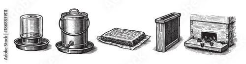 A vintage black and white illustration depicting various beekeeping tools and supplies, including feeders, a hive frame, and a representation of a beehive.