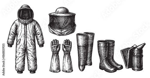 A vintage black and white woodcut illustration depicts a complete set of beekeeping protective gear, including a suit, veil, gloves, boots, and smoker, arranged against a white background.