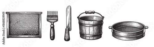 A detailed, vintage-style black and white illustration showcases essential beekeeping equipment, including a frame, uncapping fork, knife, bucket, and sieve, on a white background.