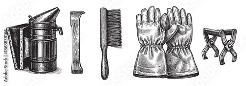 A black and white engraved illustration displays essential beekeeping equipment including a smoker, hive tool, brush, gloves, and hive tool pliers against a white background.