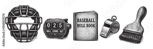 A vintage black and white illustration features a baseball catcher's mask, scoreboard, rule book, whistle, and brush arranged in a row against a white background.