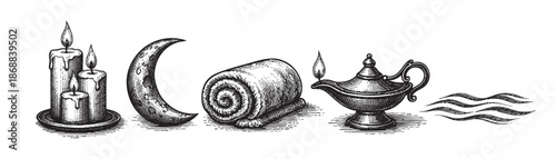 A collection of vintage-style line art illustrations depicting elements of calm and relaxation including lit candles a crescent moon a rolled towel an oil lamp and wavy lines representing water.