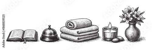 A black and white vintage illustration displays hotel service objects including an open book, a reception bell, folded towels, a lit candle, and a vase of flowers.