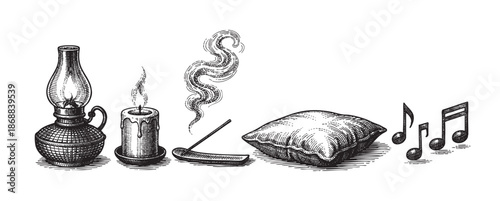 A vintage-style illustration showcases a row of antique objects including a lantern, burning candle, incense with smoke, a pillow, and musical notes, evoking a sense of calm and nostalgia.