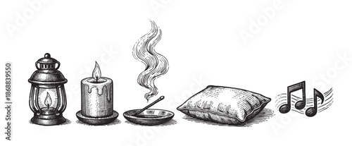A vintage-style illustration showcases a row of antique objects including a lantern, burning candle, incense with smoke, a pillow, and musical notes, evoking a sense of calm and nostalgia.