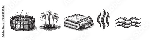 A vintage-style illustration in woodcut or engraving technique featuring essential spa elements: a bubbling hot tub, water jets, folded towels, steam, and waves.