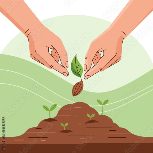 Nurturing Life's Beginnings: Two gentle hands delicately nurture a tiny sprout, embodying the essence of care, growth, and the promise of a flourishing future.