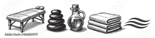 This is a vintage, black and white line art illustration of spa and massage elements including a massage table, hot stones, oil bottle, folded towels and wavy lines representing water or steam.