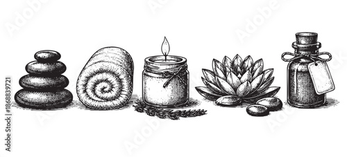 A detailed black and white illustration of spa and wellness items including stacked hot stones, a rolled towel, a lit candle, a lotus flower, and an essential oil bottle.