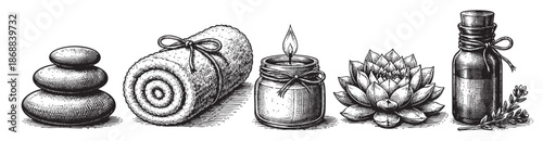 A collection of spa items including hot stones, a rolled towel, a lit candle, a succulent plant, and an oil bottle, all rendered in a classic black and white engraving style.