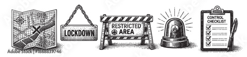 A vintage illustration depicts a roadmap, a "LOCKDOWN" sign, a restricted area barrier, a siren, and a checklist, symbolizing security and control.