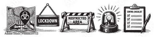 A vintage illustration depicts a roadmap, a "LOCKDOWN" sign, a restricted area barrier, a siren, and a checklist, symbolizing security and control.