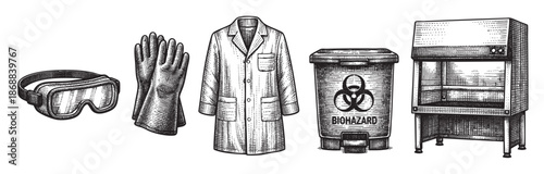 A vintage black and white line art illustration depicts essential laboratory safety items including goggles, gloves, a lab coat, a biohazard waste bin, and a fume hood.