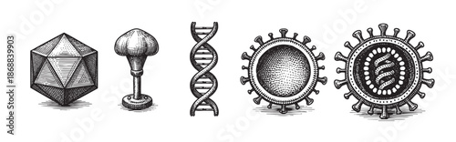 A collection of five distinct scientific and medical icons rendered in a black and white engraving style, featuring geometric shapes, DNA helix, and virus imagery.