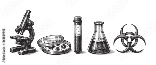 A black and white woodcut style illustration shows a microscope, petri dish with viruses, test tube, flask, and biohazard symbol, representing scientific research and disease.