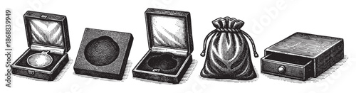 A detailed black and white illustration showcasing various vintage jewelry boxes and a drawstring pouch against a white background, perfect for luxury, antique, or storage concepts.
