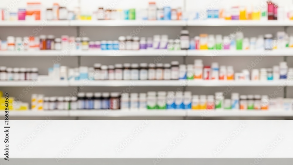 Fototapeta premium Empty white counter with blurred pharmacy shelves background