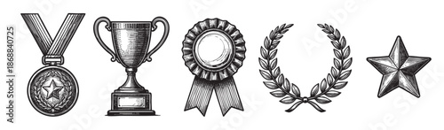A collection of vintage engraving style award icons including a medal, trophy, rosette, laurel wreath, and star on a white background, representing achievement and victory.