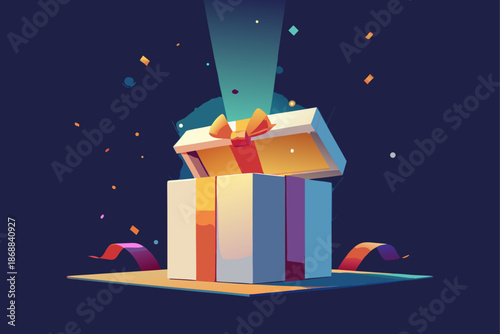 White gift box with golden ribbon open door releasing bright light and colorful confetti birthday party promotion design surprise birthday party