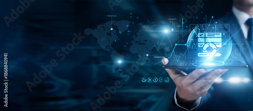 Foto Businessman using the tab and analyzing Agile data, project sprints, team collab