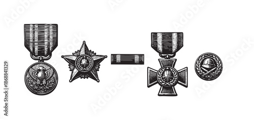 A collection of vintage military medals and insignia, rendered in a black and white woodcut style, symbolizing honor, achievement, and military service.