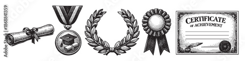 A collection of vintage-style black and white illustrations representing academic success, including a diploma, medal, laurel wreath, ribbon, and certificate.