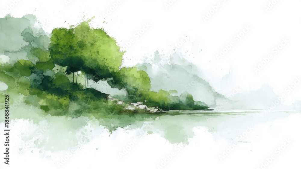 Fototapeta premium Serene watercolor landscape with lush green trees and calm lake.