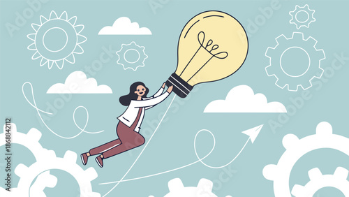 Soaring on a Bright Idea: A woman takes flight, cradling a luminous light bulb, symbolizing innovative concepts and the power of inventive thinking in a light-hearted, imaginative depiction.
