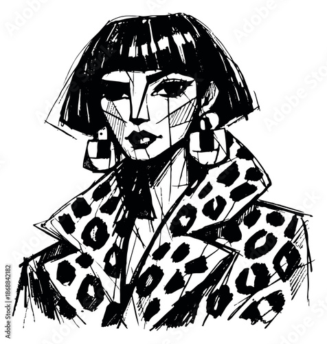 Hand drawn graphic illustration of a stylish woman depicting a modern bob haircut and leopard print coat for fashion design