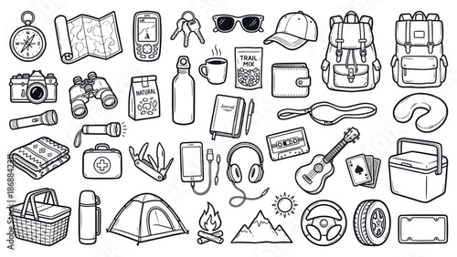 Camping trip preparation with various adventure gear and equipment illustrated in a collection of icons