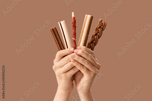 Female hands with dog snack...