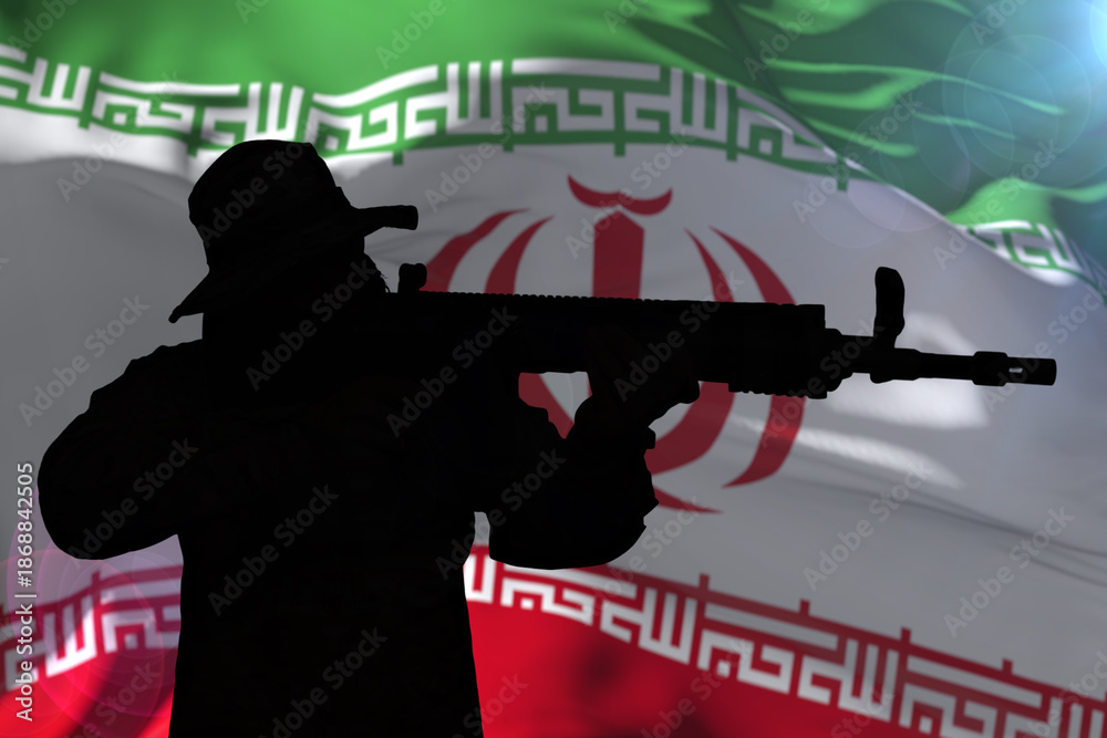 Fototapeta premium The silhouette of an arrow with a gun is depicted against the background of the Iranian flag.