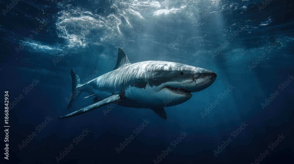 Fototapeta premium Majestic great white shark gliding through sunlit ocean depths.
