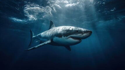 Majestic great white shark gliding through sunlit ocean depths.