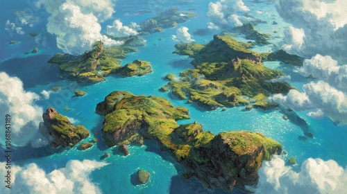 Scenic aerial view of idyllic tropical islands surrounded by blue ocean.