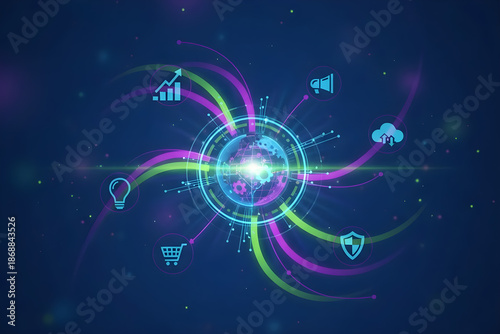 Neon abstract orbit lines with digital icons on dark background