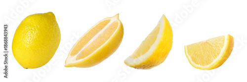 Fresh lemon isolated on white, set. Whole and sliced