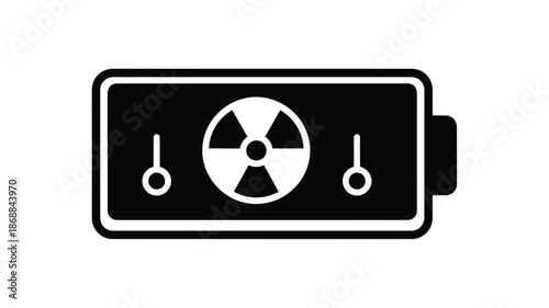A black and white illustration depicting a battery symbol containing a radiation warning sign