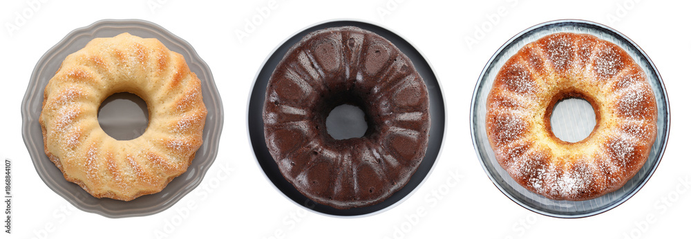 Fototapeta premium Set of delicious Bundt cakes isolated on white, top view