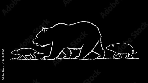 White Outline Illustration of a Bear with Two Cubs Walking Together on a Black Background, Wildlife Family Drawing